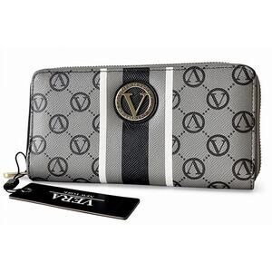 VERA New York Logo Pattern Wallet – Gray/White Stripe, Zip-Around Clutch